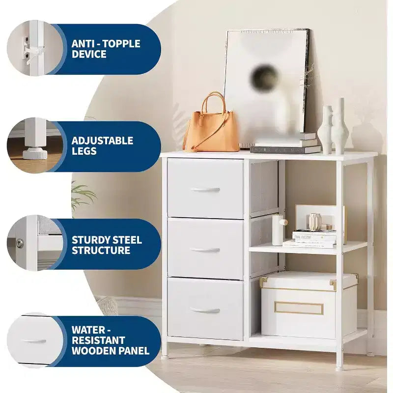Classeur moderne à 3 tiroirs COZONY, support d'imprimante avec 2 étagères de rangement ouvertes, classeur en tissu sous le bureau pour l'organisation de la maison/bureau