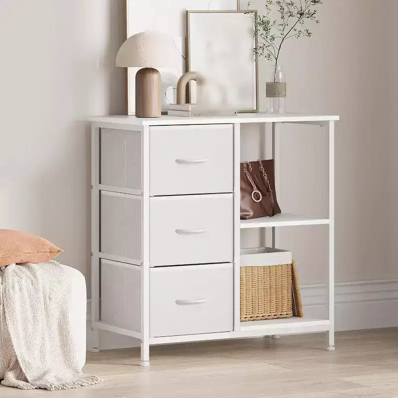 Classeur moderne à 3 tiroirs COZONY, support d'imprimante avec 2 étagères de rangement ouvertes, classeur en tissu sous le bureau pour l'organisation de la maison/bureau