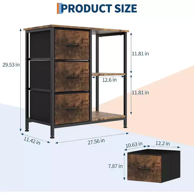 Classeur moderne à 3 tiroirs COZONY, support d'imprimante avec 2 étagères de rangement ouvertes, classeur en tissu sous le bureau pour l'organisation de la maison/bureau