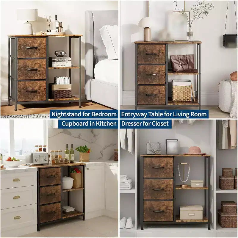 Classeur moderne à 3 tiroirs COZONY, support d'imprimante avec 2 étagères de rangement ouvertes, classeur en tissu sous le bureau pour l'organisation de la maison/bureau