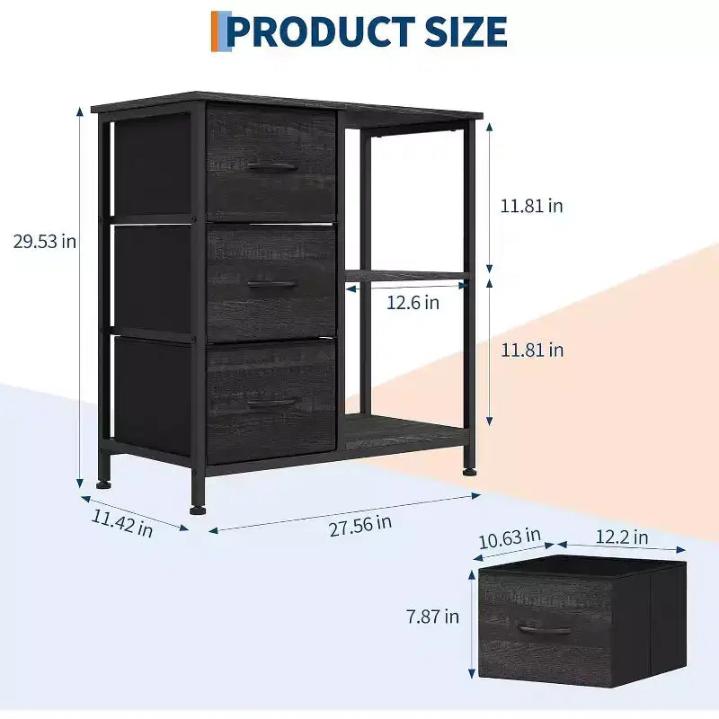 Classeur moderne à 3 tiroirs COZONY, support d'imprimante avec 2 étagères de rangement ouvertes, classeur en tissu sous le bureau pour l'organisation de la maison/bureau
