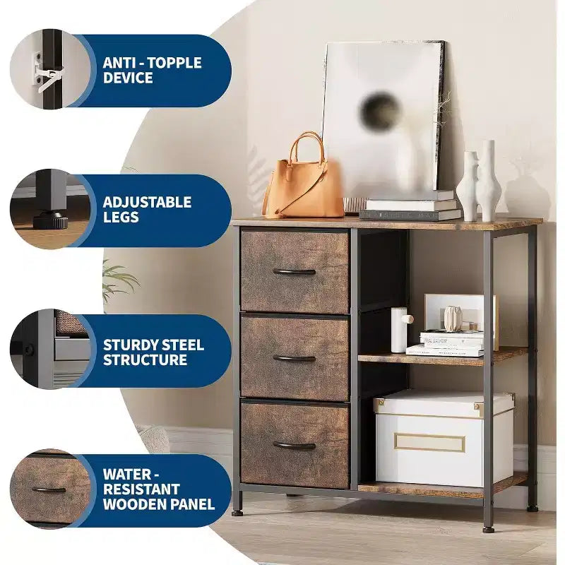Classeur moderne à 3 tiroirs COZONY, support d'imprimante avec 2 étagères de rangement ouvertes, classeur en tissu sous le bureau pour l'organisation de la maison/bureau