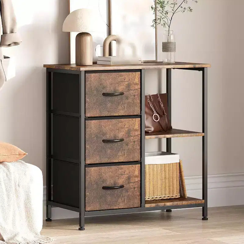 Classeur moderne à 3 tiroirs COZONY, support d'imprimante avec 2 étagères de rangement ouvertes, classeur en tissu sous le bureau pour l'organisation de la maison/bureau