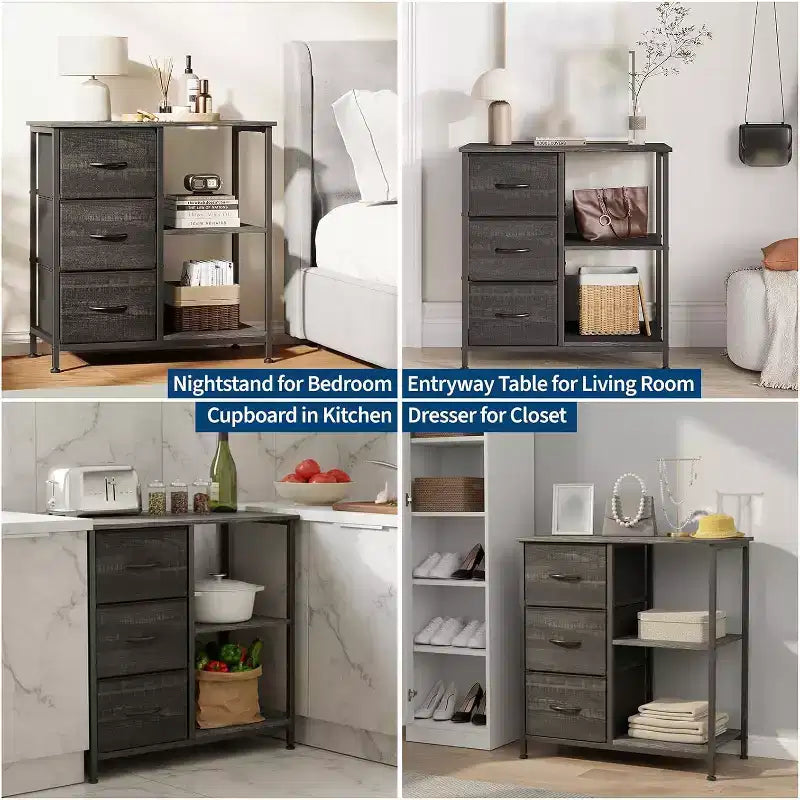 Classeur moderne à 3 tiroirs COZONY, support d'imprimante avec 2 étagères de rangement ouvertes, classeur en tissu sous le bureau pour l'organisation de la maison/bureau