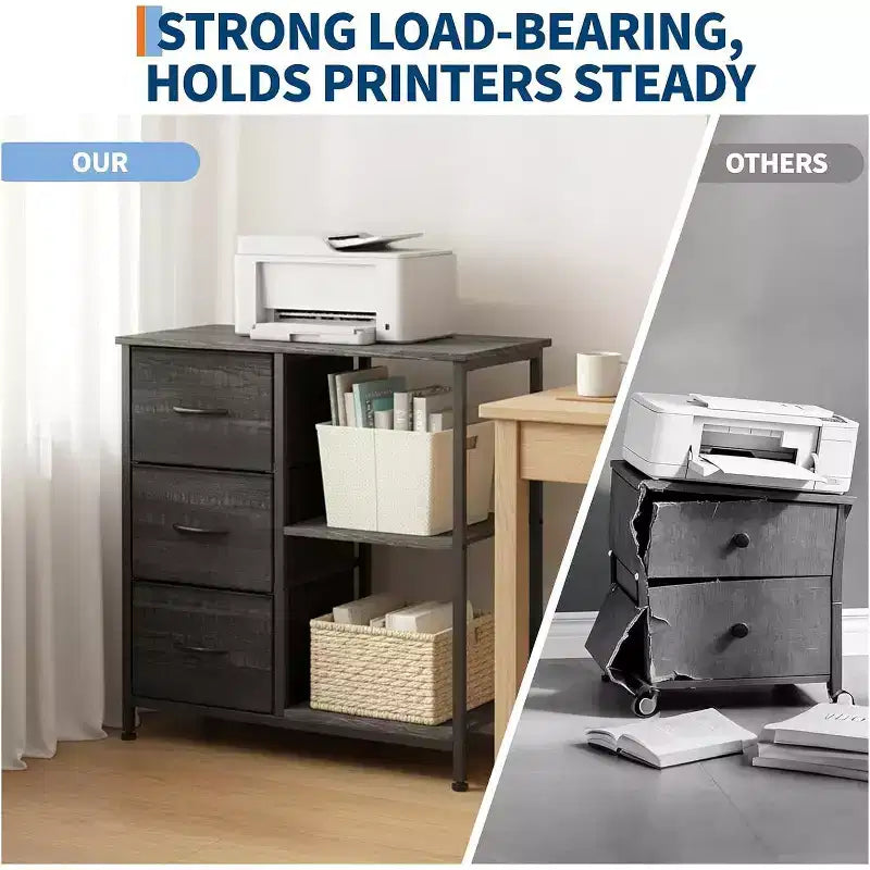 Classeur moderne à 3 tiroirs COZONY, support d'imprimante avec 2 étagères de rangement ouvertes, classeur en tissu sous le bureau pour l'organisation de la maison/bureau