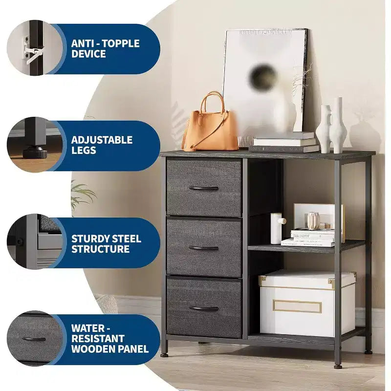 Classeur moderne à 3 tiroirs COZONY, support d'imprimante avec 2 étagères de rangement ouvertes, classeur en tissu sous le bureau pour l'organisation de la maison/bureau