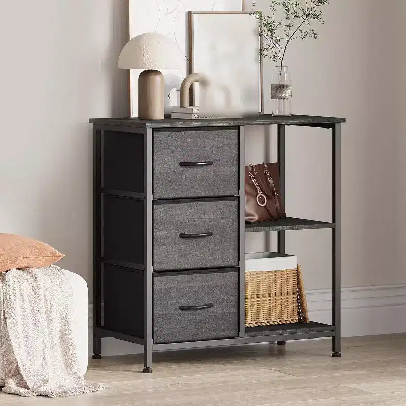 Classeur moderne à 3 tiroirs COZONY, support d'imprimante avec 2 étagères de rangement ouvertes, classeur en tissu sous le bureau pour l'organisation de la maison/bureau