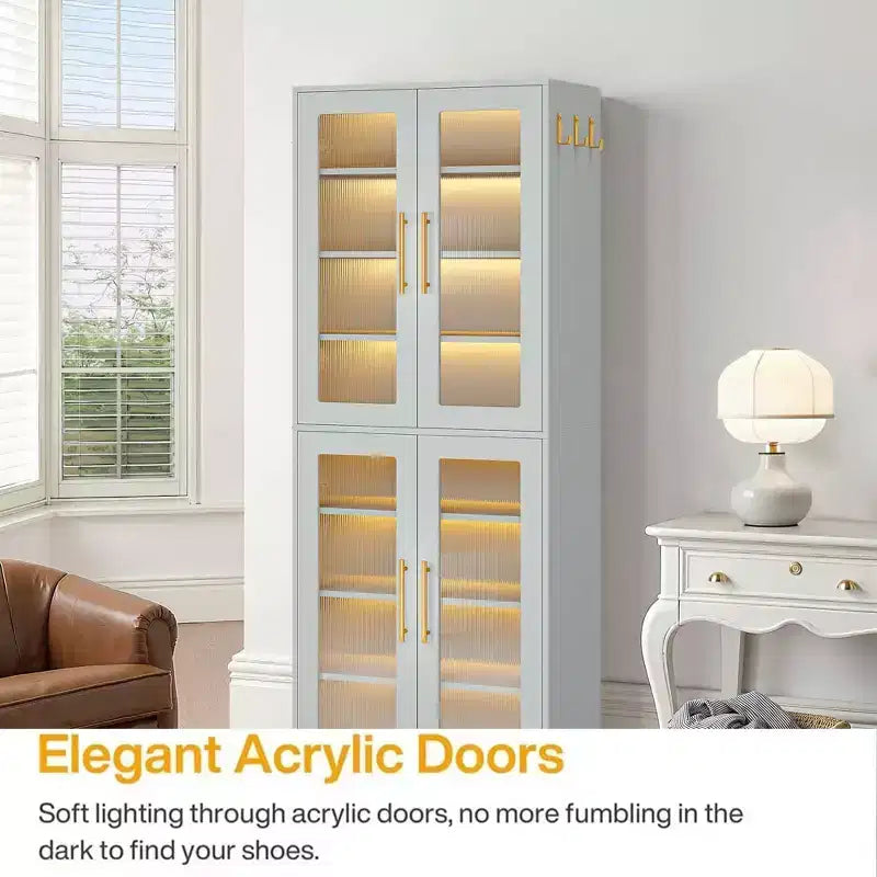 MAYEERTY Meuble à chaussures autoportant avec portes en acrylique et lumières LED, Organisateur de rangement de chaussures pour entrée