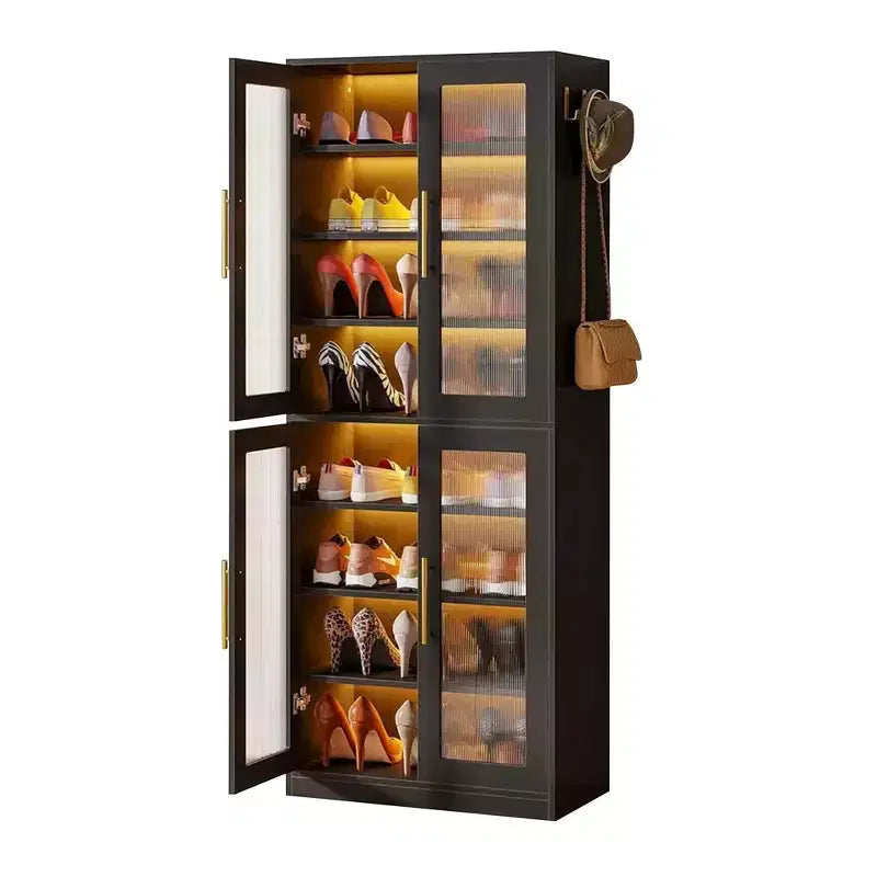 MAYEERTY Meuble à chaussures autoportant avec portes en acrylique et lumières LED, Organisateur de rangement de chaussures pour entrée