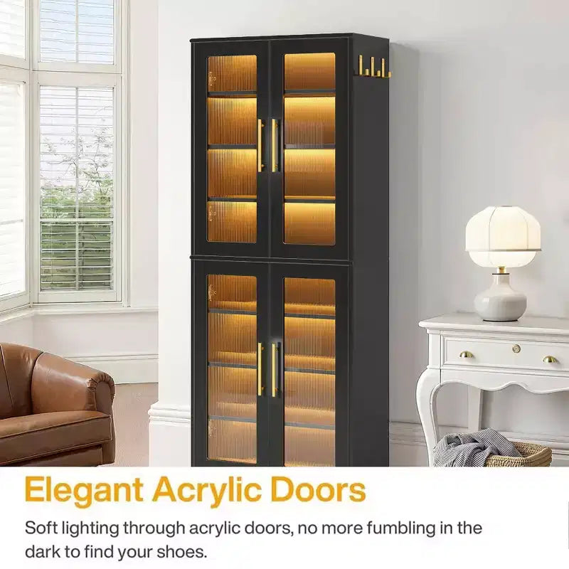 MAYEERTY Meuble à chaussures autoportant avec portes en acrylique et lumières LED, Organisateur de rangement de chaussures pour entrée