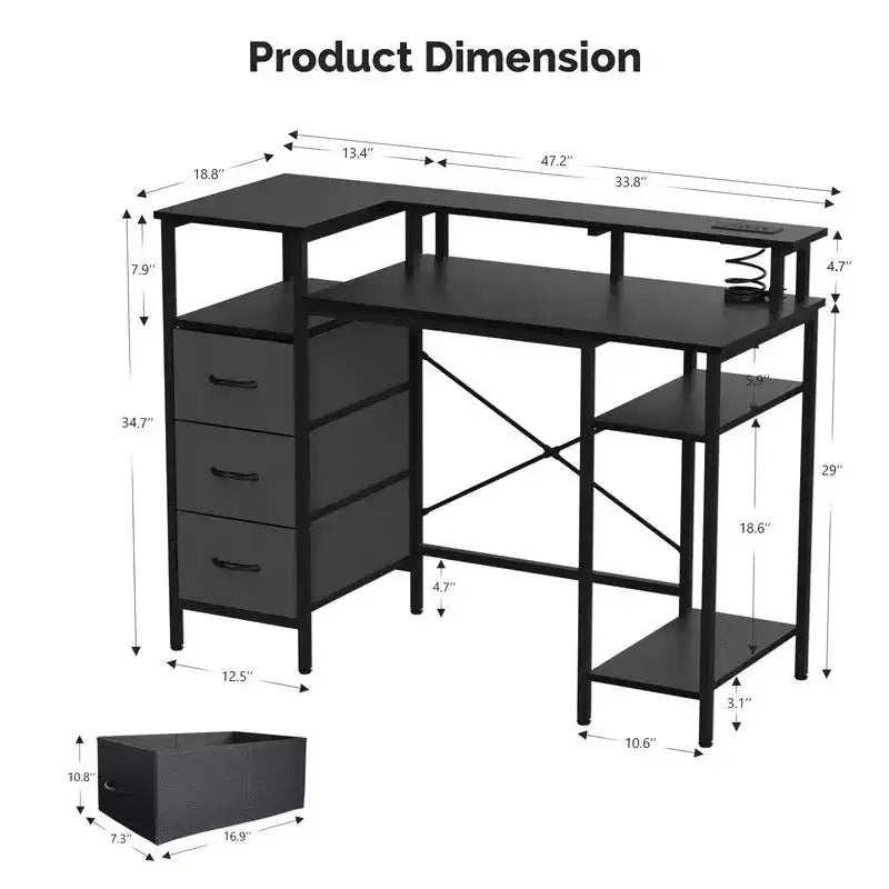 Bureau d'ordinateur moderne de 120 cm avec station de charge et tiroirs de rangement