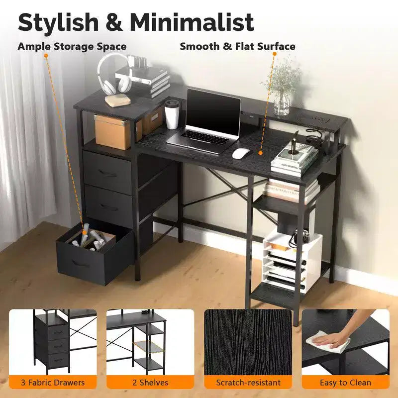 Bureau d'ordinateur moderne de 120 cm avec station de charge et tiroirs de rangement