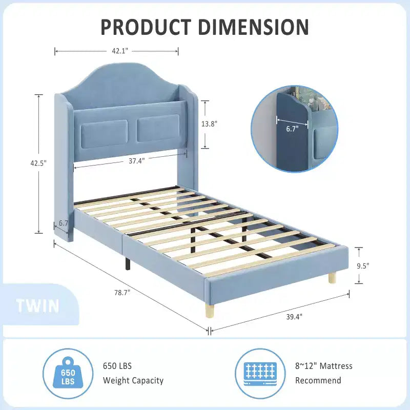 Cadres de lit jumeaux pour enfants/filles, lit plateforme en velours capitonné avec lumières LED pour princesse, tête de lit rembourrée avec rangement, support à lattes en bois, bleu