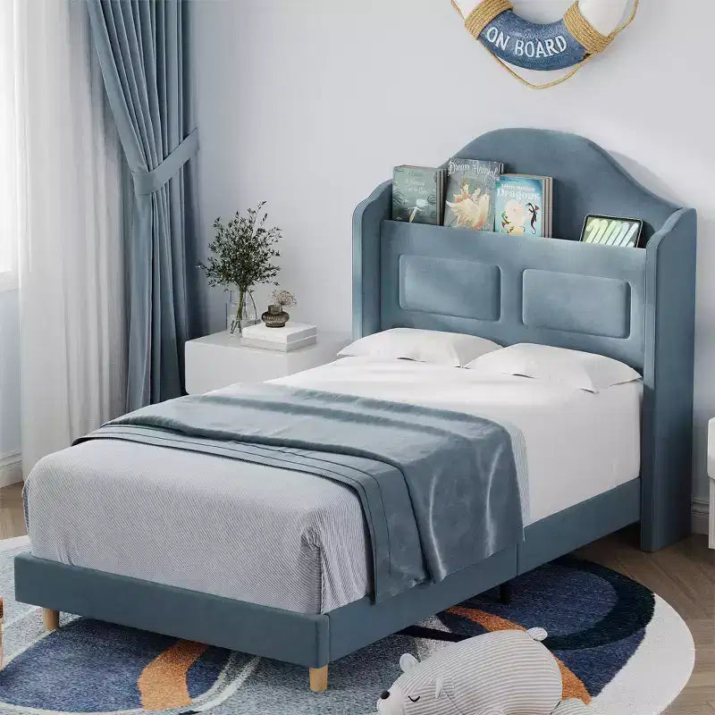 Cadres de lit jumeaux pour enfants/filles, lit plateforme en velours capitonné avec lumières LED pour princesse, tête de lit rembourrée avec rangement, support à lattes en bois, bleu