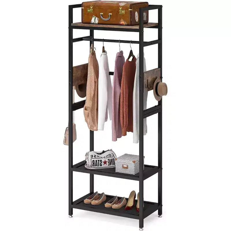 Lantine Portant à vêtements robuste de 175 cm de haut : Organisateur de placard autoportant avec étagères de rangement ouvertes et crochets, marron et noir pour chambre à coucher.