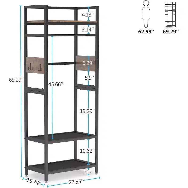 Lantine Portant à vêtements robuste de 175 cm de haut : Organisateur de placard autoportant avec étagères de rangement ouvertes et crochets, marron et noir pour chambre à coucher.