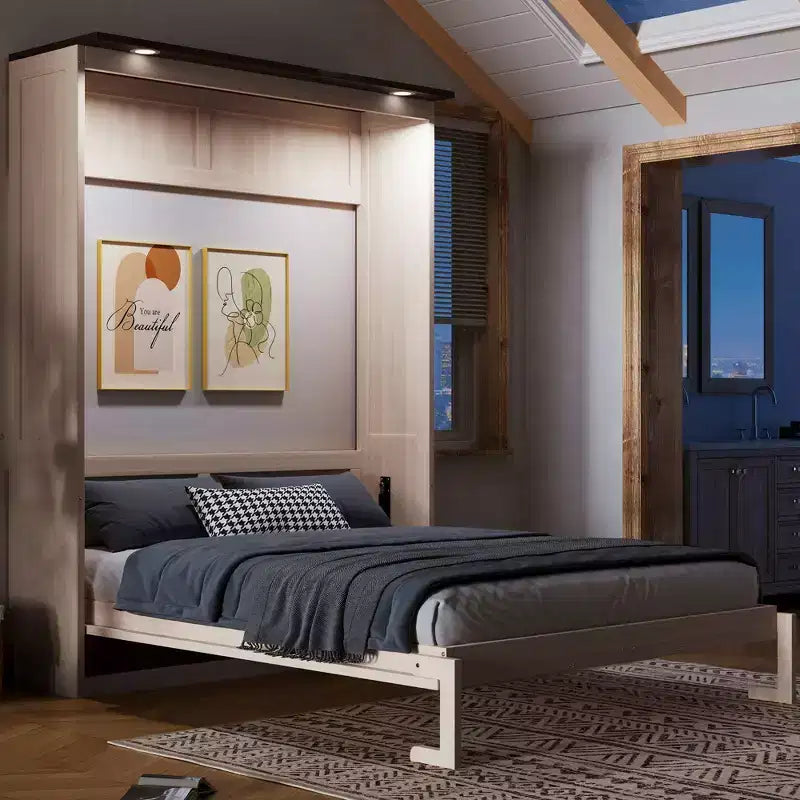 Queen Size Murphy Bed, Wooden Queen Cabinet Bed Wall Bed with LED Light, Folding Wall Chest Bed with for Guest Room, Beige