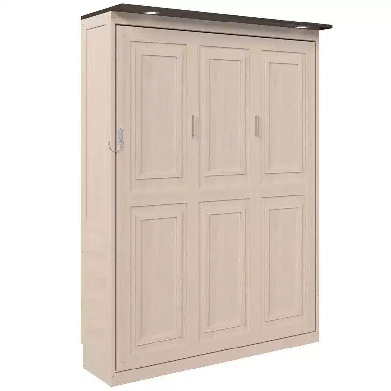 Lit escamotable Queen Size, Lit mural queen en bois avec lumières LED, Lit escamotable pliant avec coffre pour chambre d'amis, Beige