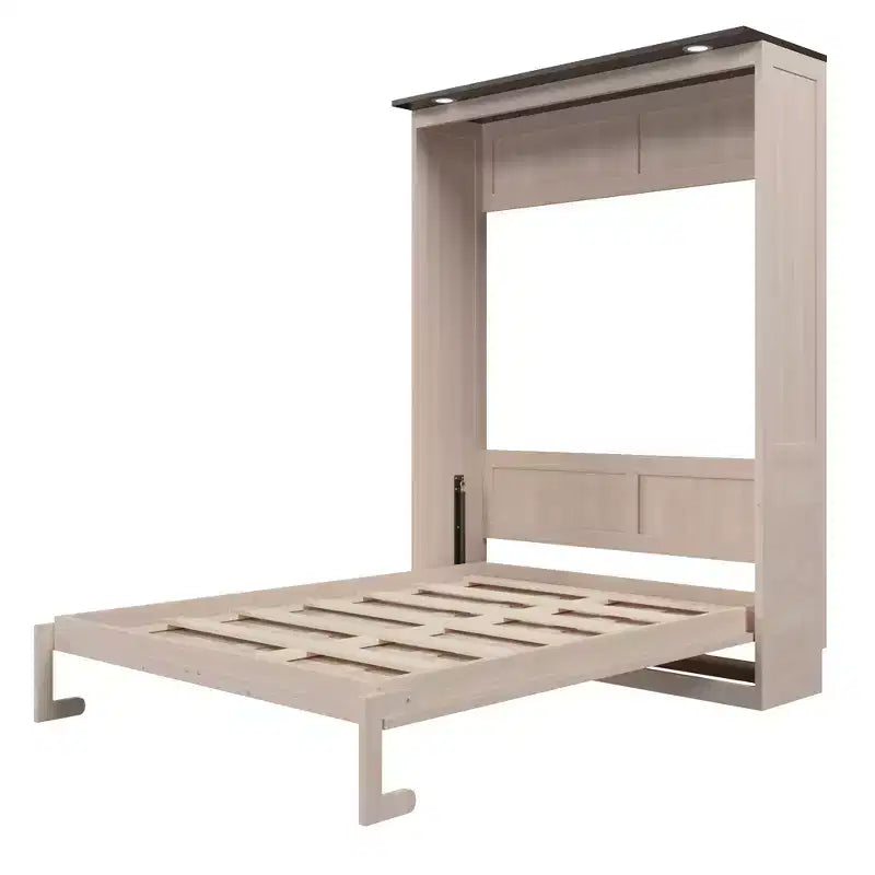 Lit escamotable Queen Size, Lit mural queen en bois avec lumières LED, Lit escamotable pliant avec coffre pour chambre d'amis, Beige