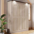 Lit escamotable Queen Size, Lit mural queen en bois avec lumières LED, Lit escamotable pliant avec coffre pour chambre d'amis, Beige