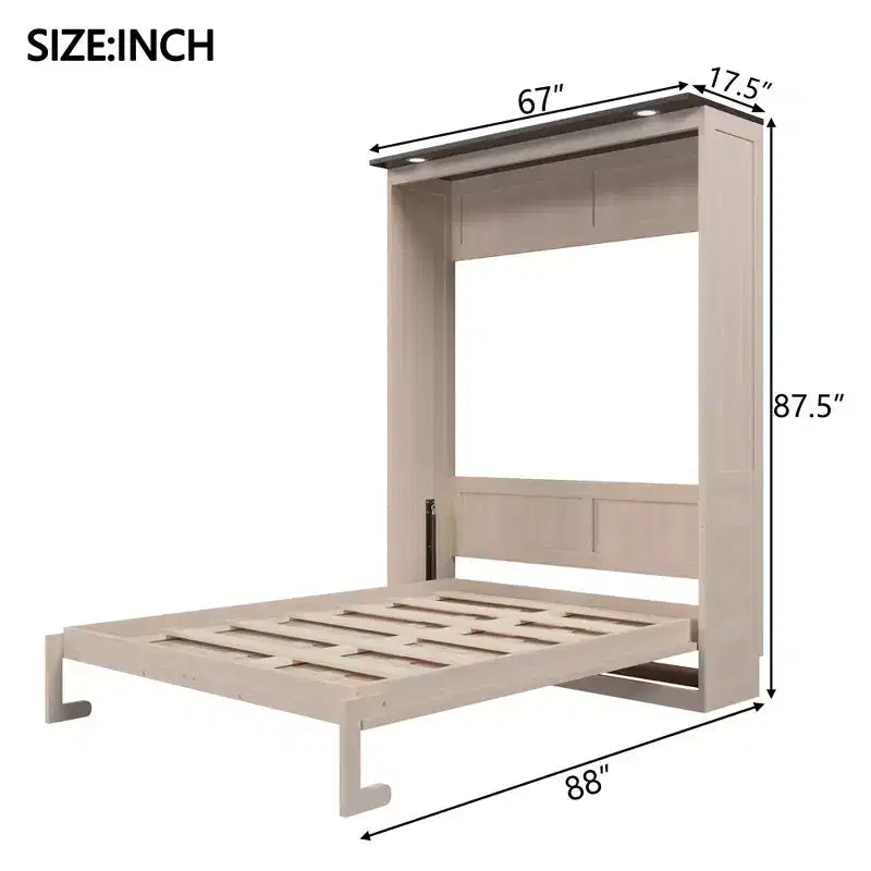 Lit escamotable Queen Size, Lit mural queen en bois avec lumières LED, Lit escamotable pliant avec coffre pour chambre d'amis, Beige