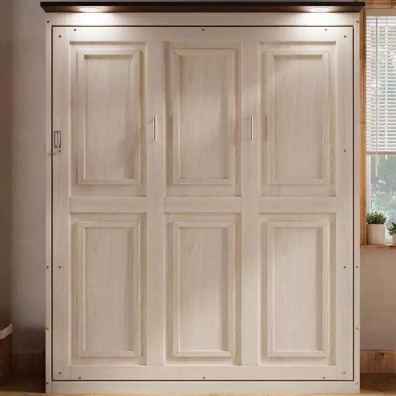 Lit escamotable Queen Size, Lit mural queen en bois avec lumières LED, Lit escamotable pliant avec coffre pour chambre d'amis, Beige