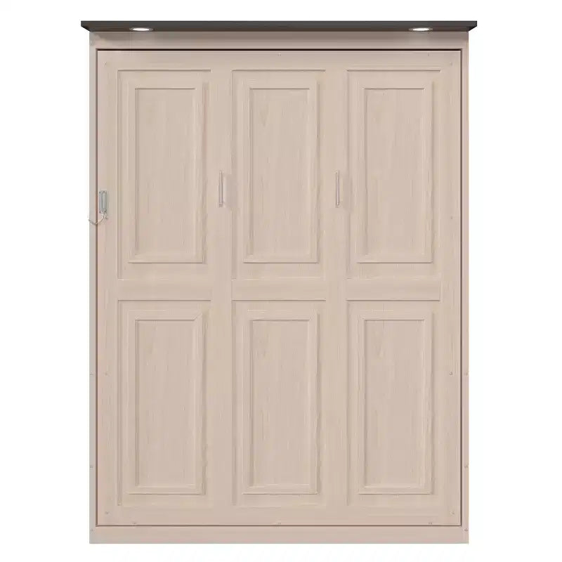 Lit escamotable Queen Size, Lit mural queen en bois avec lumières LED, Lit escamotable pliant avec coffre pour chambre d'amis, Beige