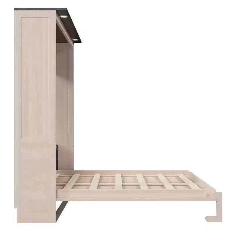 Lit escamotable Queen Size, Lit mural queen en bois avec lumières LED, Lit escamotable pliant avec coffre pour chambre d'amis, Beige