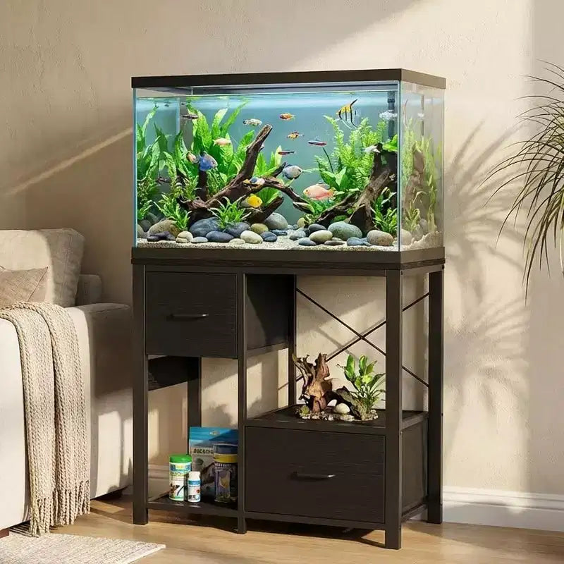 Meuble d'aquarium de 75-110 litres avec prises électriques, meuble en métal et bois robuste avec 2 tiroirs et pieds solides