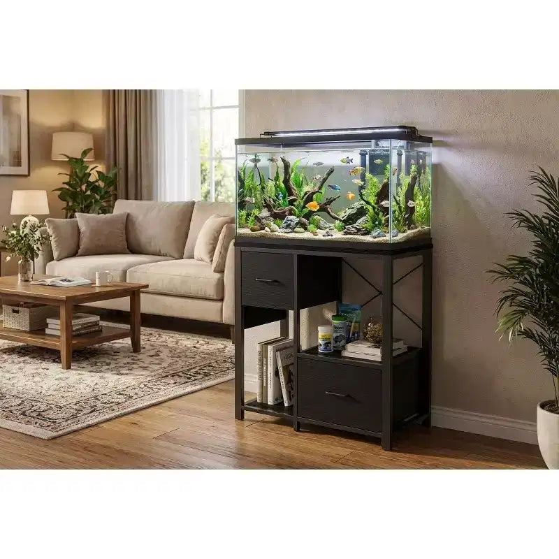Meuble d'aquarium de 75-110 litres avec prises électriques, meuble en métal et bois robuste avec 2 tiroirs et pieds solides