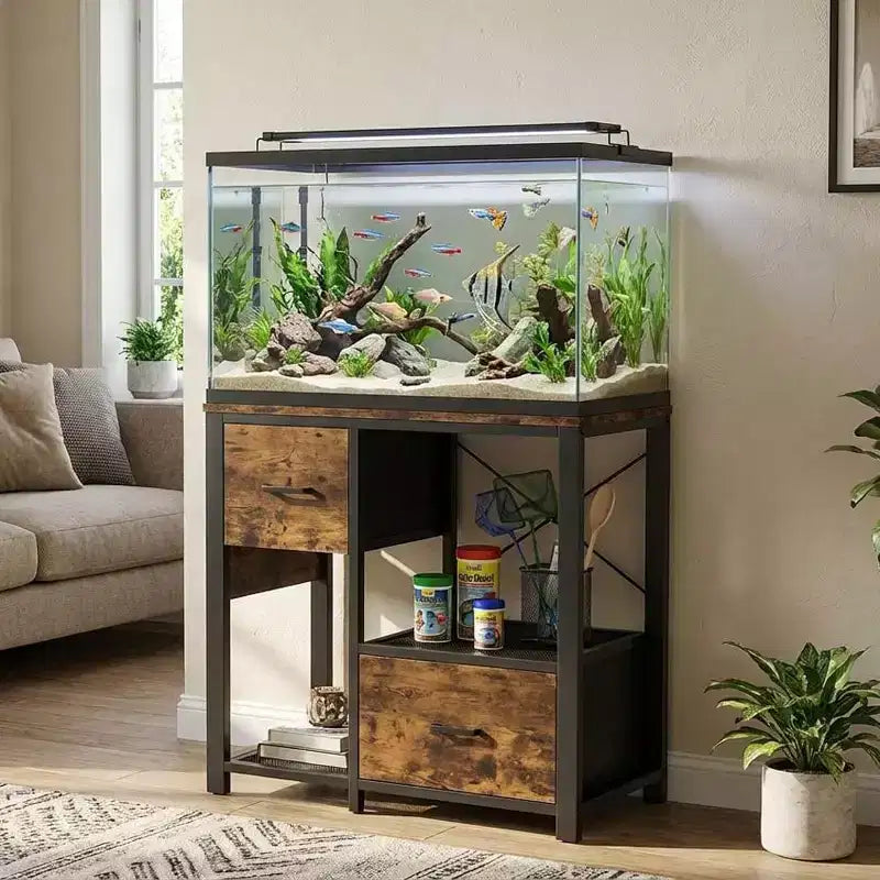 Meuble d'aquarium de 75-110 litres avec prises électriques, meuble en métal et bois robuste avec 2 tiroirs et pieds solides
