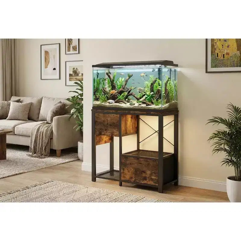 Meuble d'aquarium de 75-110 litres avec prises électriques, meuble en métal et bois robuste avec 2 tiroirs et pieds solides