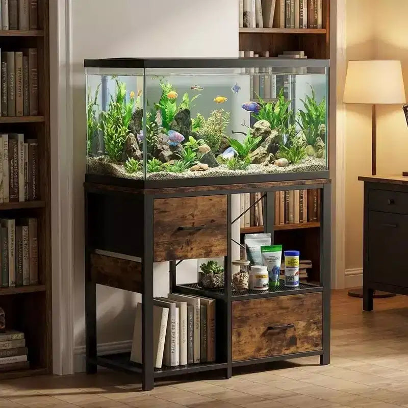 Meuble d'aquarium de 75-110 litres avec prises électriques, meuble en métal et bois robuste avec 2 tiroirs et pieds solides