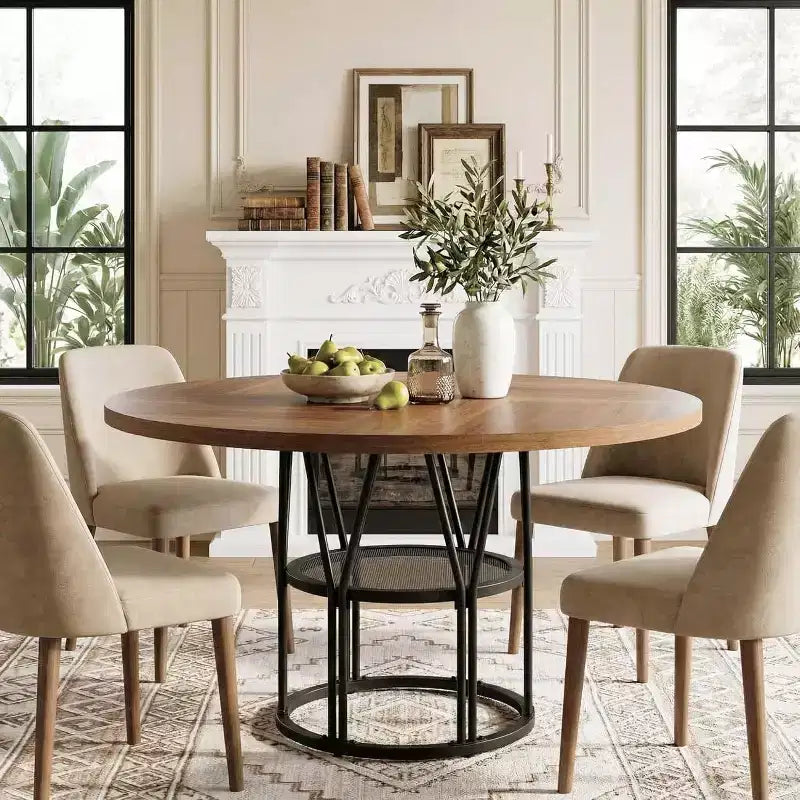 Table à manger ronde pour 4-6 personnes, table de cuisine circulaire de 119 cm avec étagère de rangement et cadre en métal robuste, table de salle à manger moderne pour cuisine, salon