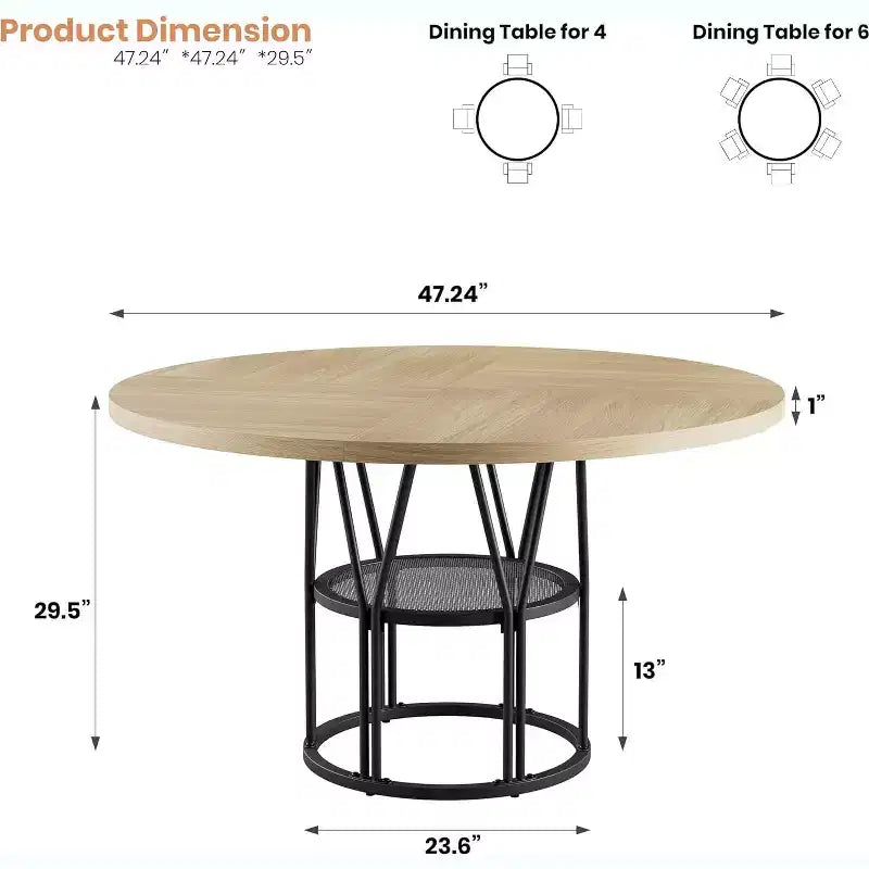 Table à manger ronde pour 4-6 personnes, table de cuisine circulaire de 119 cm avec étagère de rangement et cadre en métal robuste, table de salle à manger moderne pour cuisine, salon