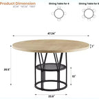 Table à manger ronde pour 4-6 personnes, table de cuisine circulaire de 119 cm avec étagère de rangement et cadre en métal robuste, table de salle à manger moderne pour cuisine, salon