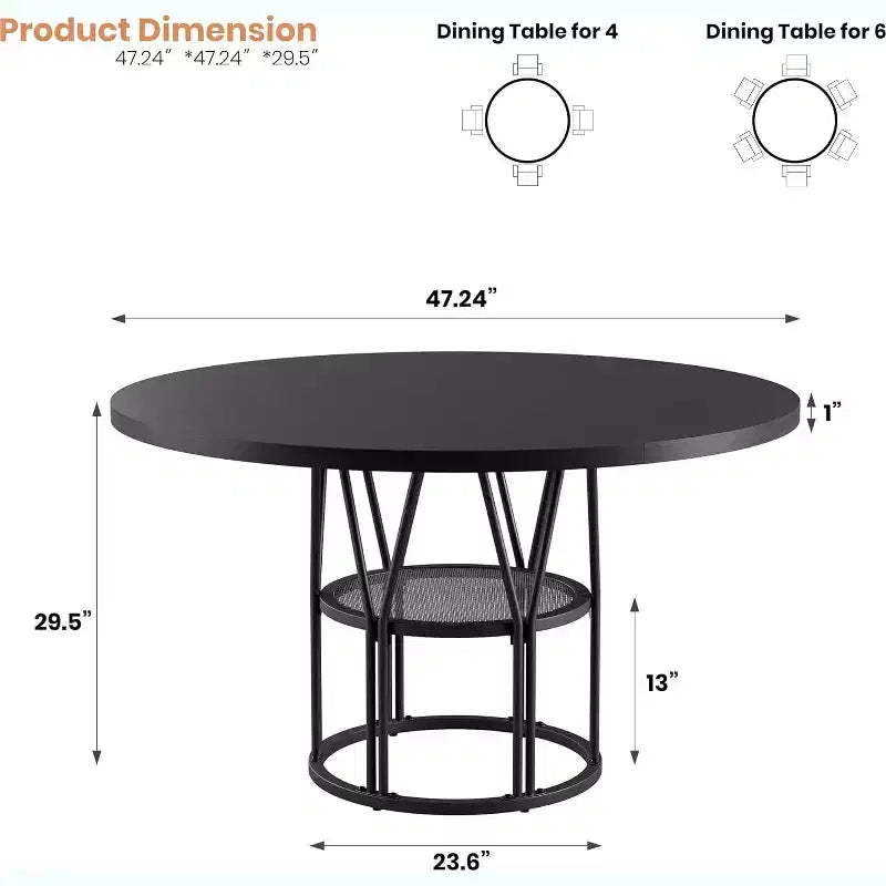 Table à manger ronde pour 4-6 personnes, table de cuisine circulaire de 119 cm avec étagère de rangement et cadre en métal robuste, table de salle à manger moderne pour cuisine, salon