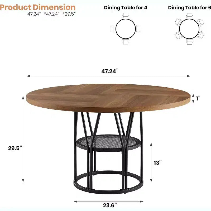 Table à manger ronde pour 4-6 personnes, table de cuisine circulaire de 119 cm avec étagère de rangement et cadre en métal robuste, table de salle à manger moderne pour cuisine, salon