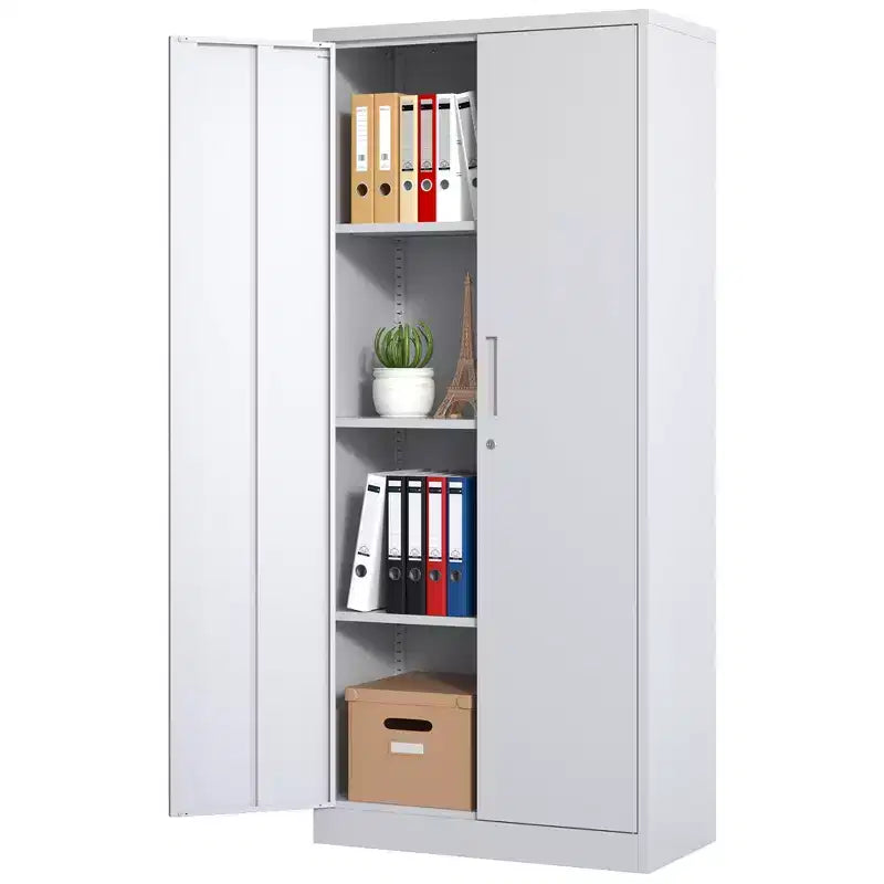 VIYET 71H Metal Garage Storage Cabinet, White Lockable Steel Cabinet w/ 3 Adjustable Shelves (Anti-Tipping Office/Pantry Organizer)
