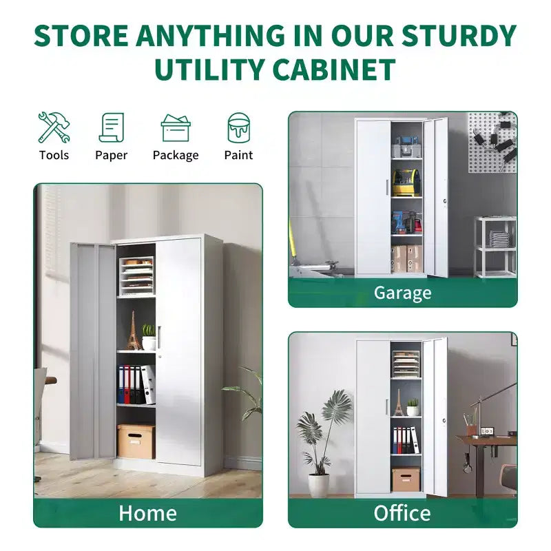 Armoire de rangement de garage en métal VIYET 71H, armoire en acier blanc verrouillable avec 3 étagères réglables (organiseur de bureau/garde-manger anti-basculement)