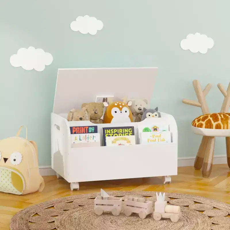 Banc de Rangement en Bois JVNOXK avec 4 Roulettes Pivotantes, Étagère Frontale, Couvercle Relevable et Charnières de Sécurité. Idéal pour l'Organisation de la Salle de Jeux