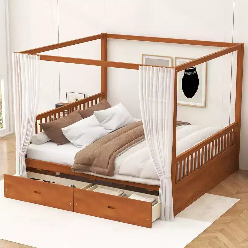 Cadre de lit à baldaquin en bois Whisen de taille Queen avec 2 tiroirs de rangement intégrés, construction robuste et durable