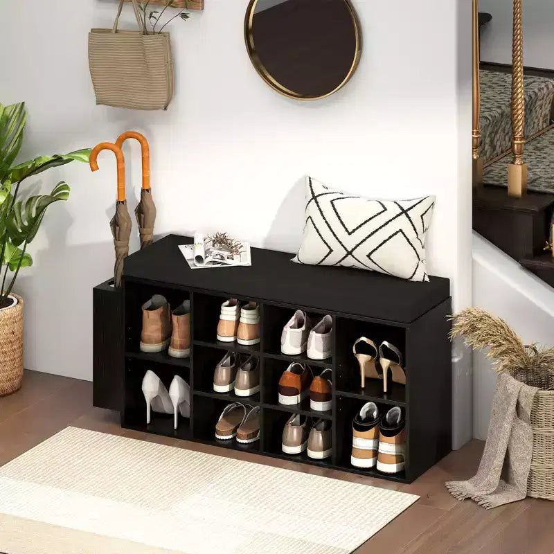 Banc de rangement pour chaussures Costway avec porte-parapluie, siège rembourré, étagères réglables et amovibles