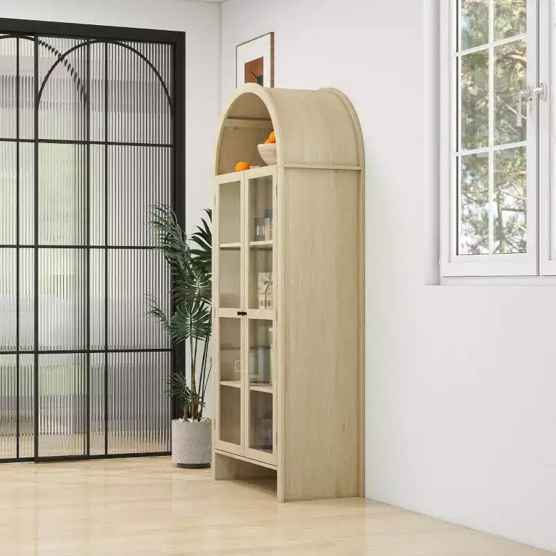 70 Armoire de Rangement Moderne Arcée avec Portes en Verre, Buffet de Cuisine Naturel pour Salle à Manger ou Salon-Panipeachy