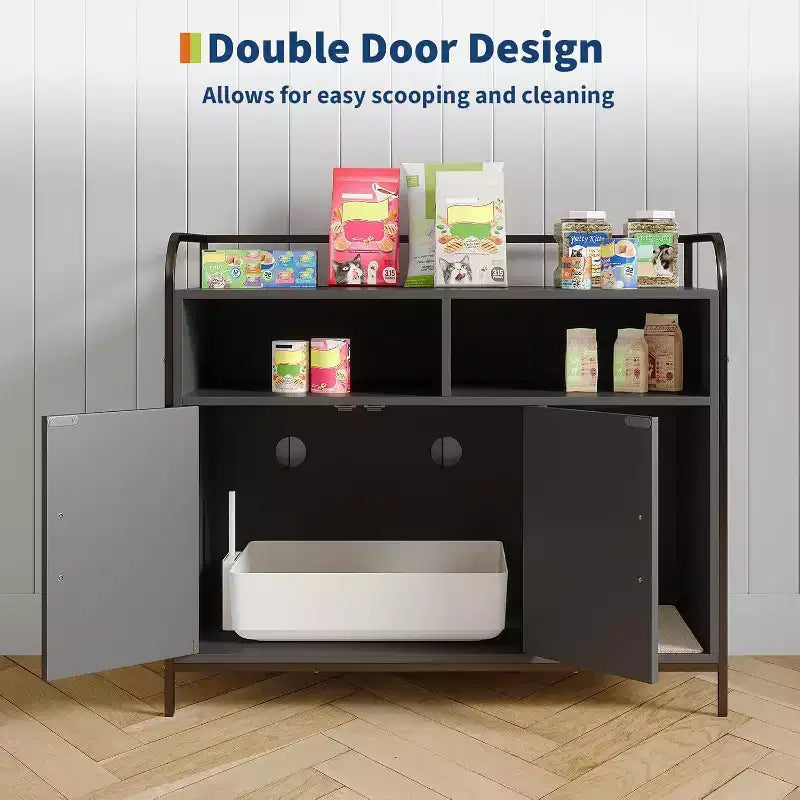 Meuble cache-litière pour chat avec étagères de rangement, armoire pour litière de chat et table d'appoint à cadre métallique moderne pour usage intérieur