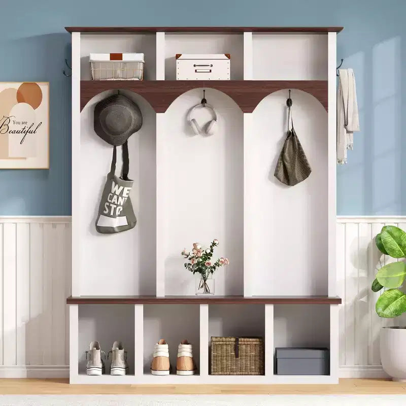 Clihome Banc de rangement en bois style ferme avec 5 crochets