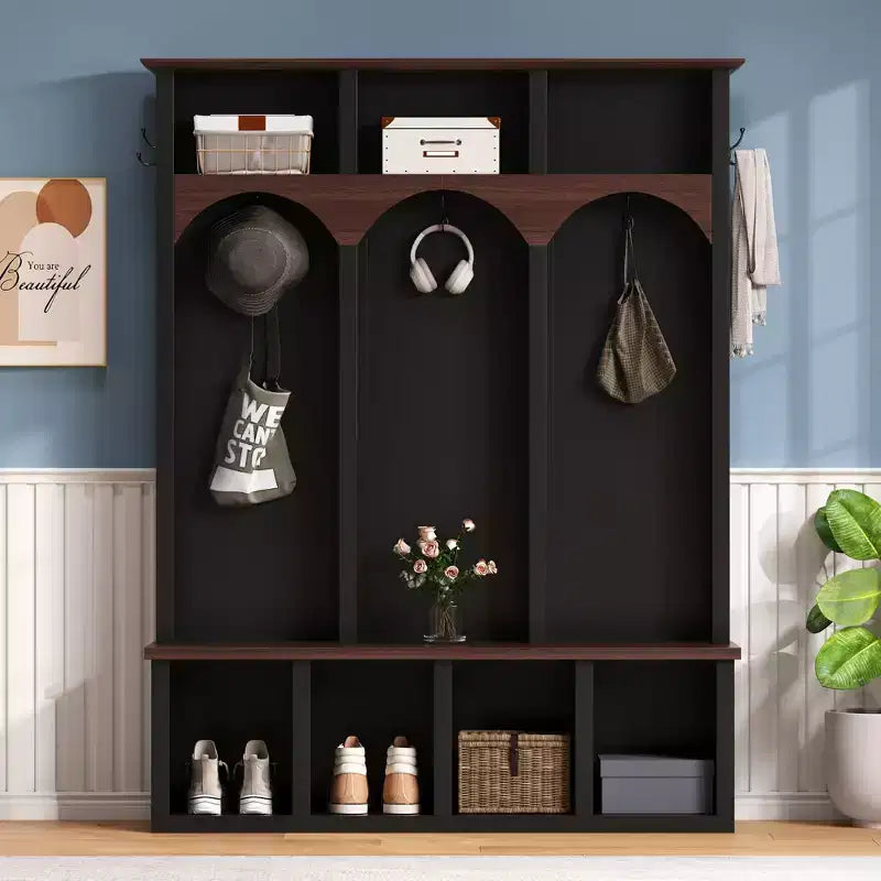 Clihome Banc de rangement en bois style ferme avec 5 crochets