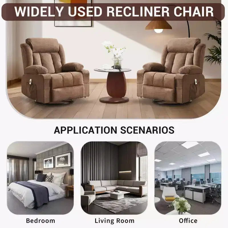 Fauteuil inclinable pivotant sur 360° surdimensionné avec fonctions chauffante et massante. Fauteuil à bascule large pour personnes de grande taille et fortes, 3 positions, porte-gobelets, port USB et pochette. Le fauteuil de relaxation par excellence.
