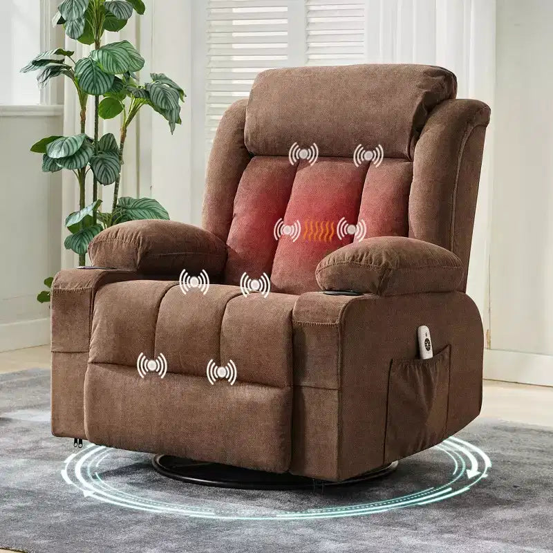 Fauteuil inclinable pivotant sur 360° surdimensionné avec fonctions chauffante et massante. Fauteuil à bascule large pour personnes de grande taille et fortes, 3 positions, porte-gobelets, port USB et pochette. Le fauteuil de relaxation par excellence.