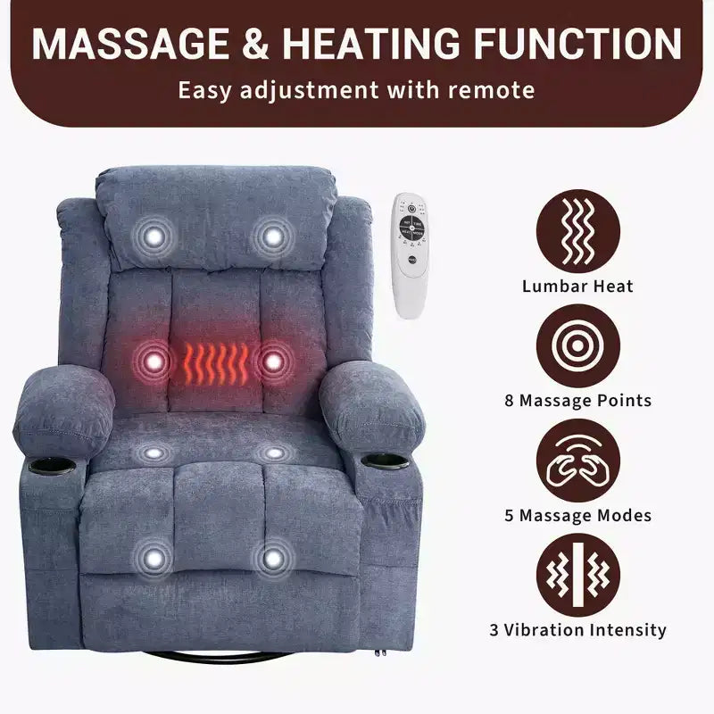 Fauteuil inclinable pivotant sur 360° surdimensionné avec fonctions chauffante et massante. Fauteuil à bascule large pour personnes de grande taille et fortes, 3 positions, porte-gobelets, port USB et pochette. Le fauteuil de relaxation par excellence.